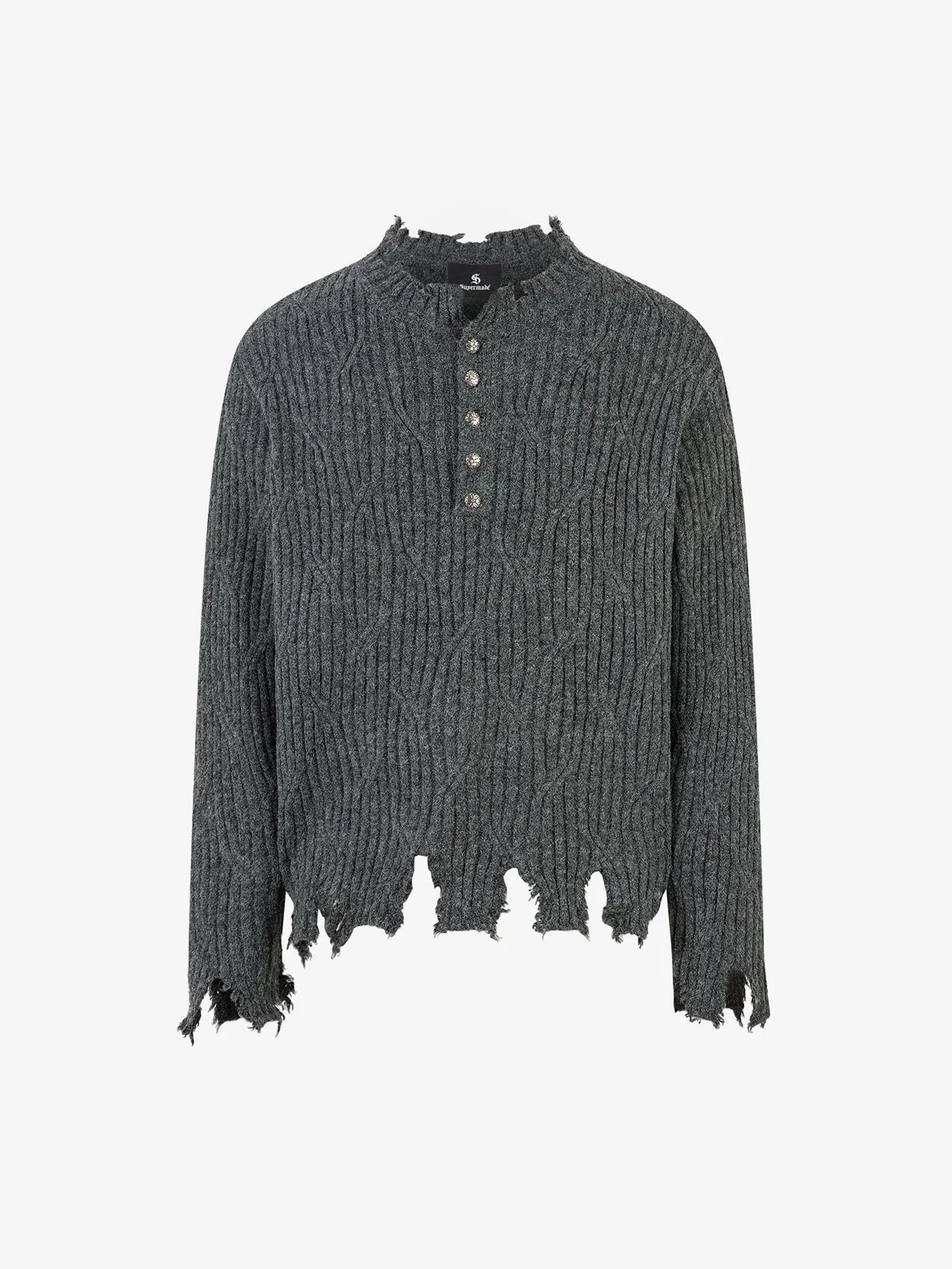 Knitted Distressed Diamond Pattern Raw Edge Sweater