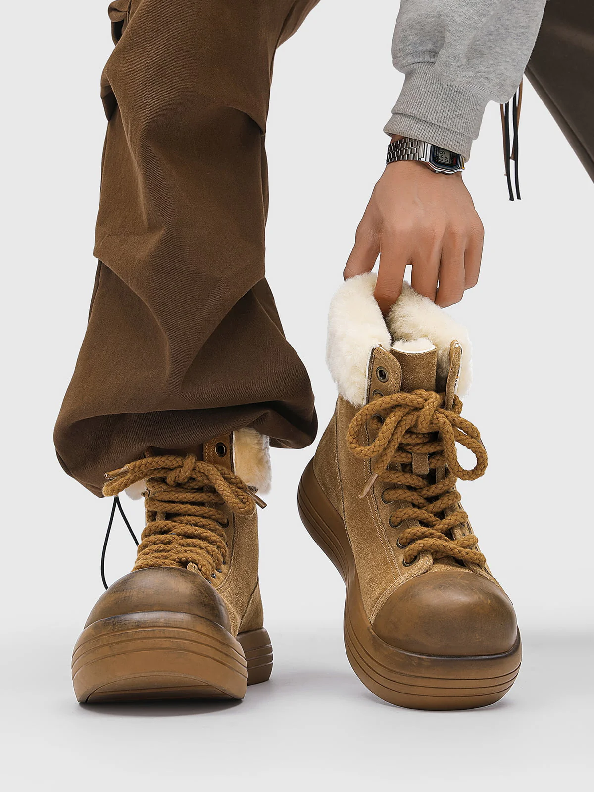 Fleece-Lined Suede Platform Warm Mid-Top Boots