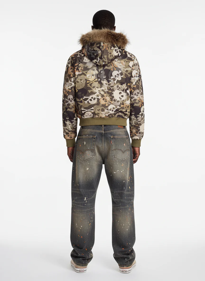 Skull Camouflage Fur Collar Hot Diamond Hooded Jacket - 2507