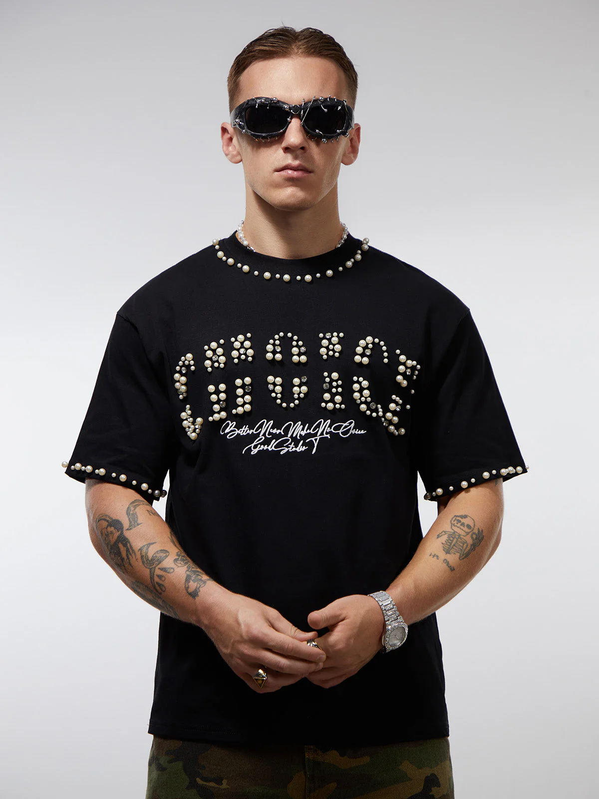 Elegant Pearl-Embellished Oversized T-Shirt