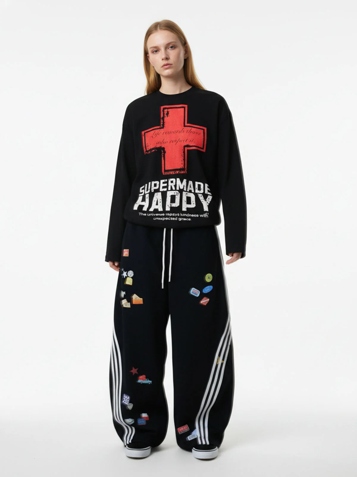 Street Cross Lettering Print Long-Sleeved T-Shirt