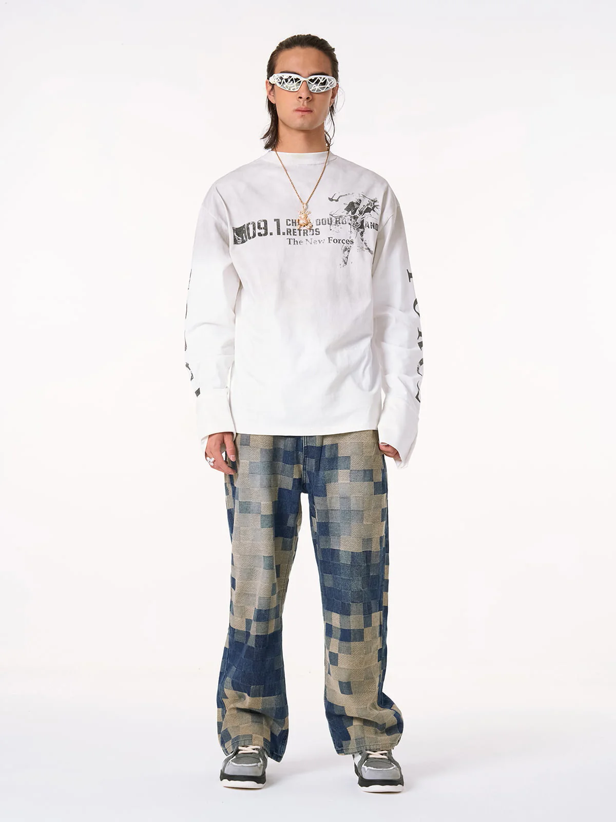 Thesupermade Checkerboard Jacquard Wide Leg Jeans - 2193