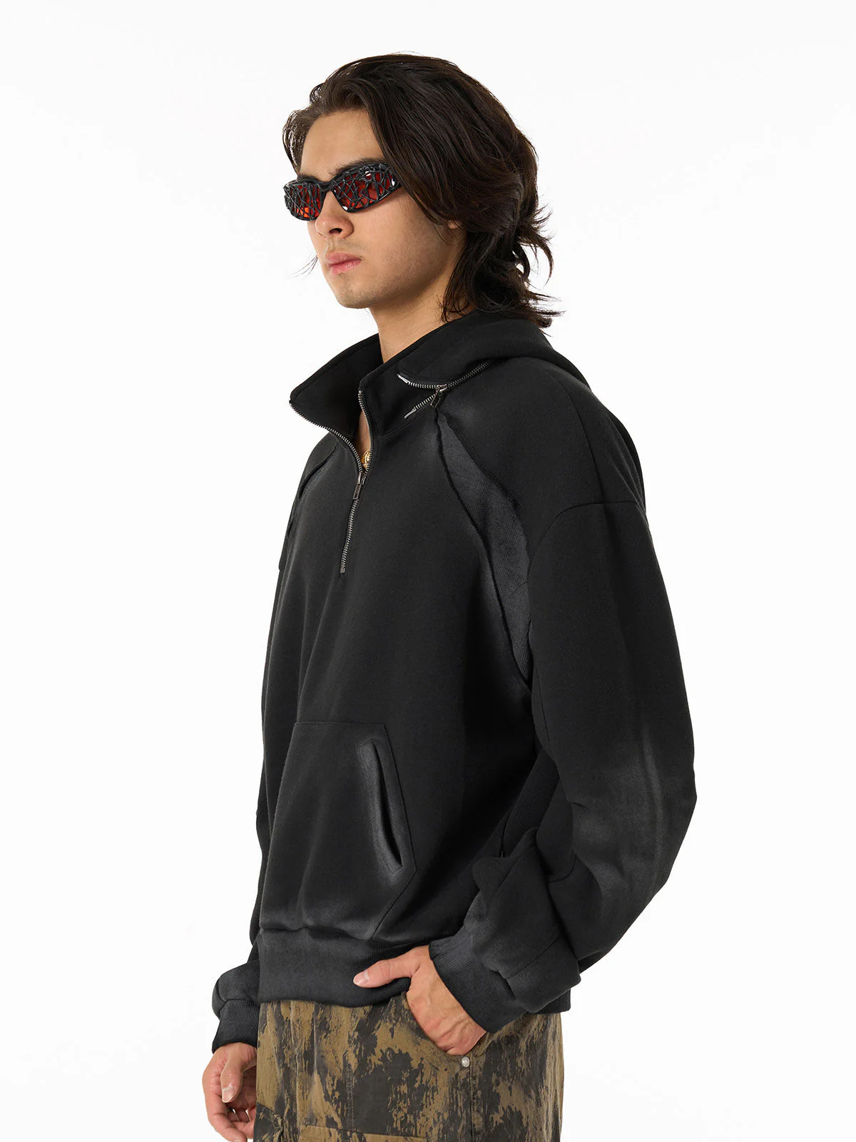 Distressed Stand Collar Stitching Spray Paint Quarter Zip Hoodie