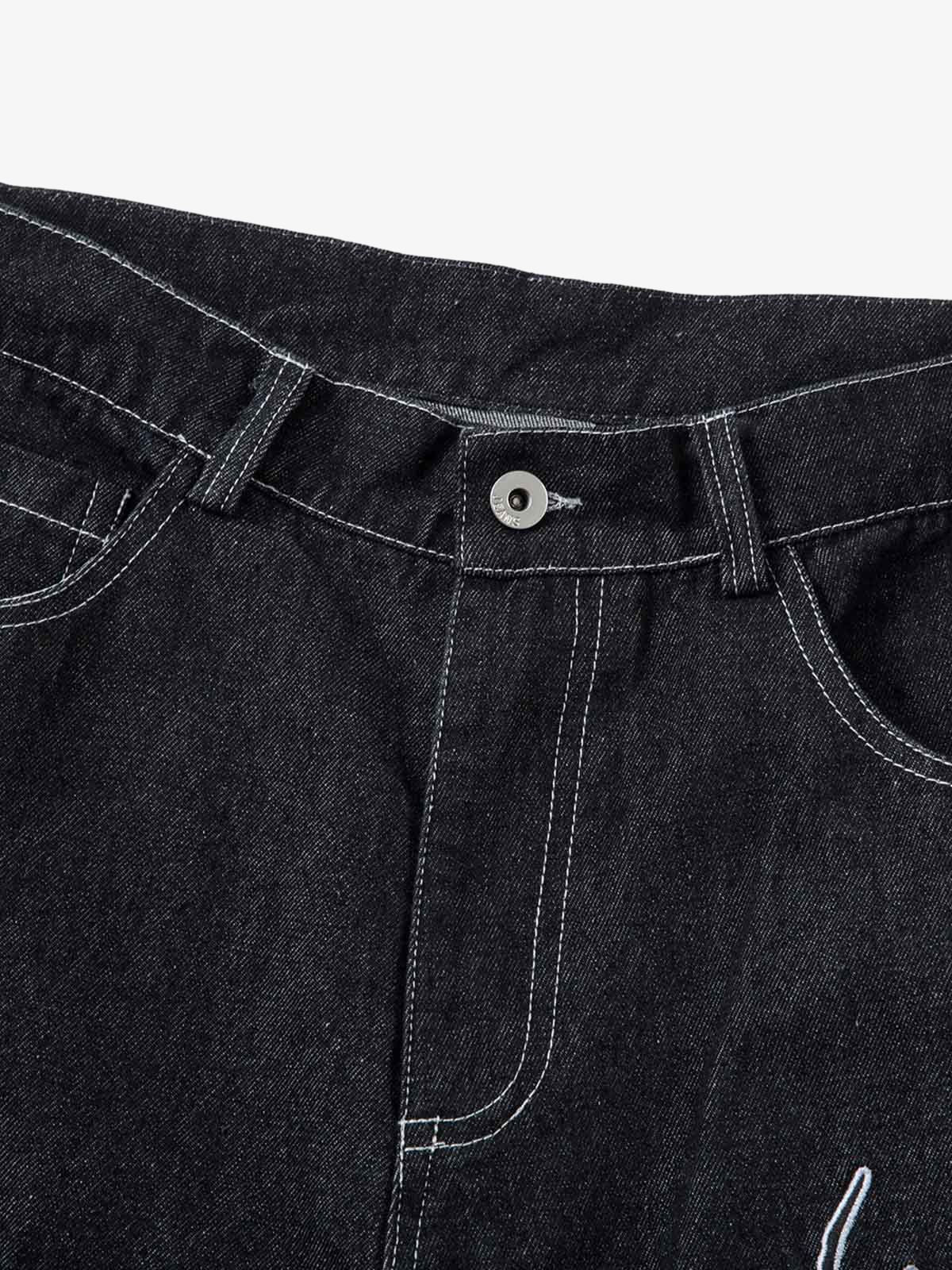 Denim Embroidered Flame Baggy Jeans - 2456