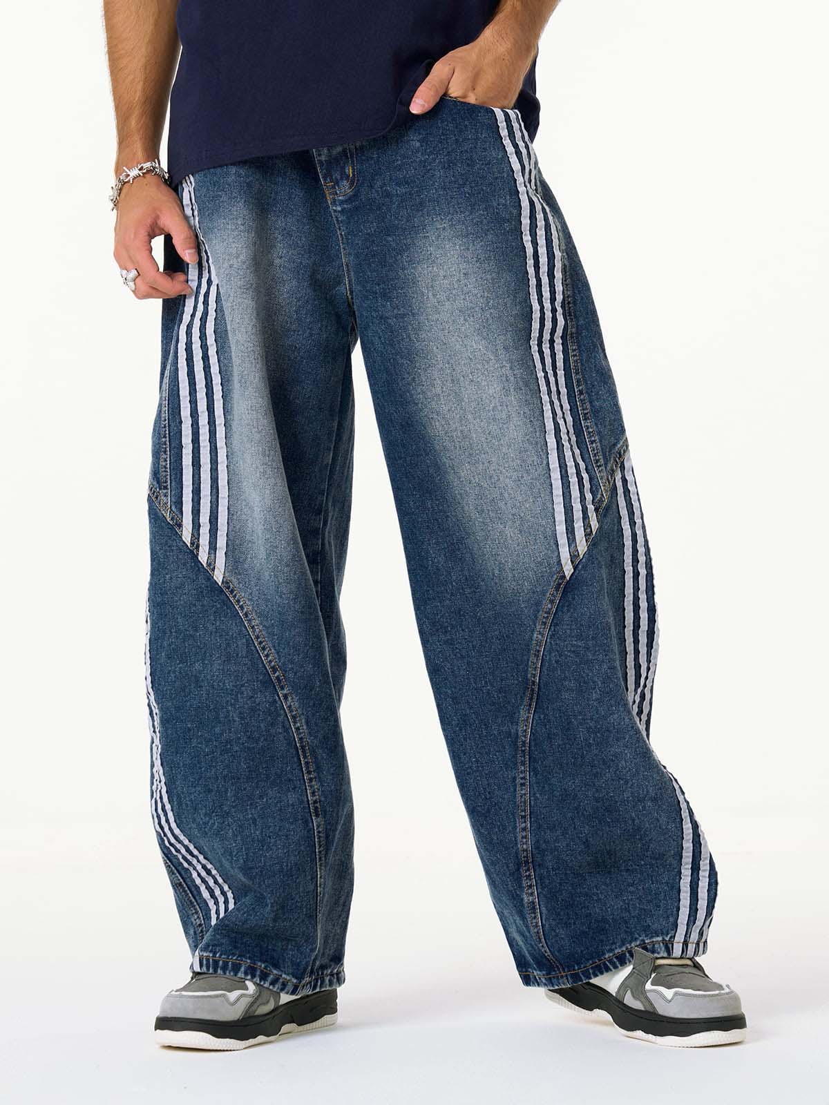 Denim Contrast Striped Stitching Barrel Jeans - 2504