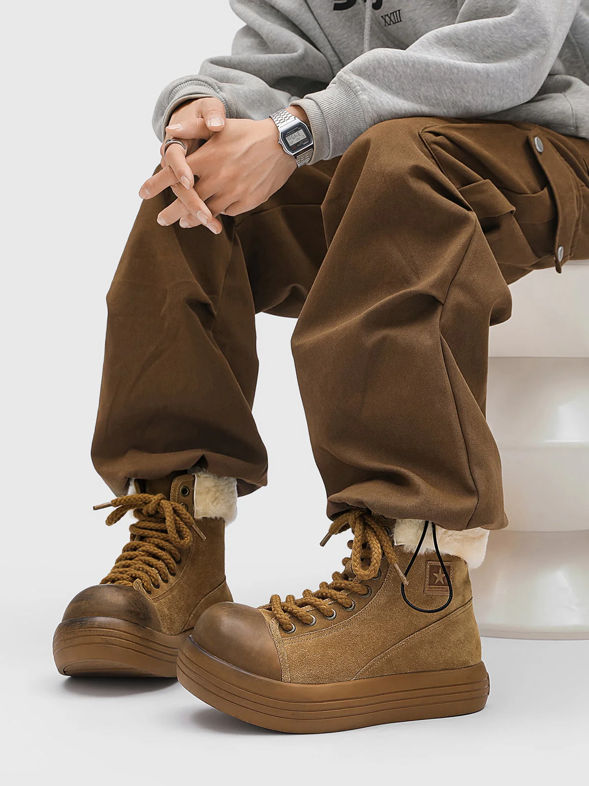 Fleece-Lined Suede Platform Warm Mid-Top Boots