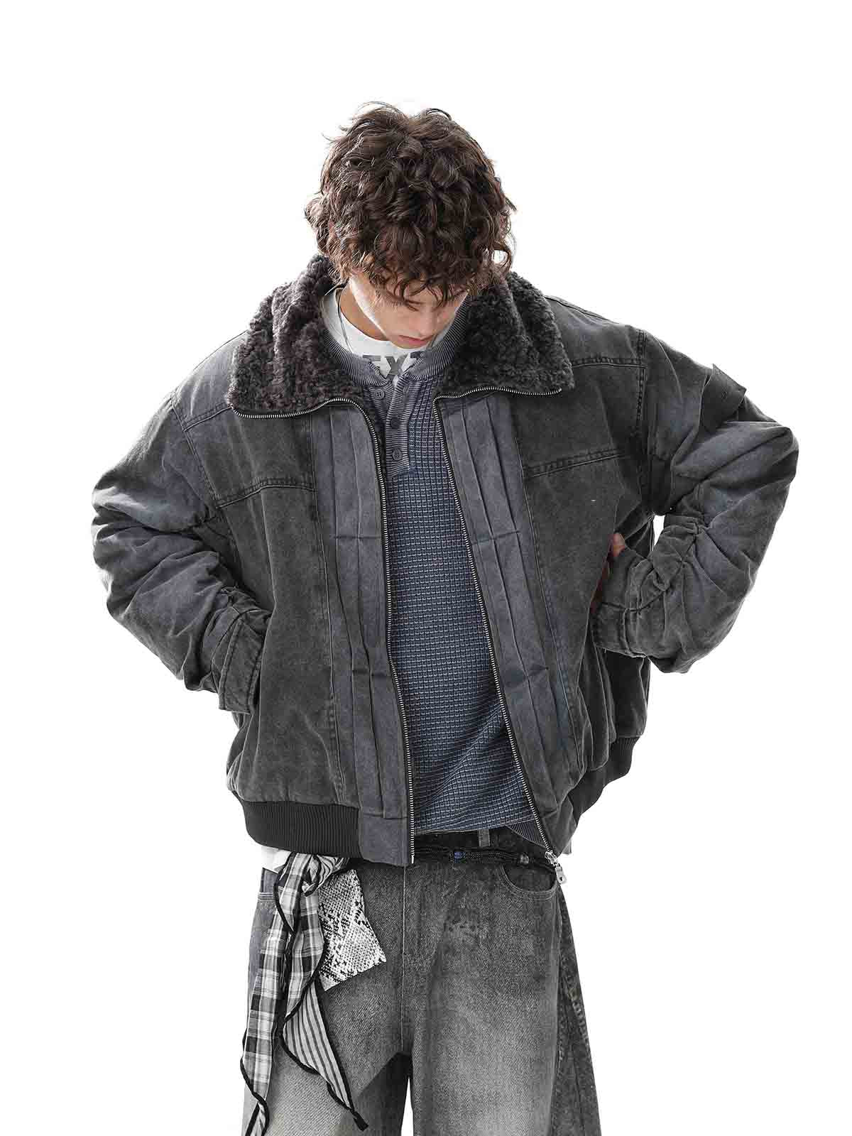 Vintage Distressed Pleated Shearling Collar Fleece Jacket