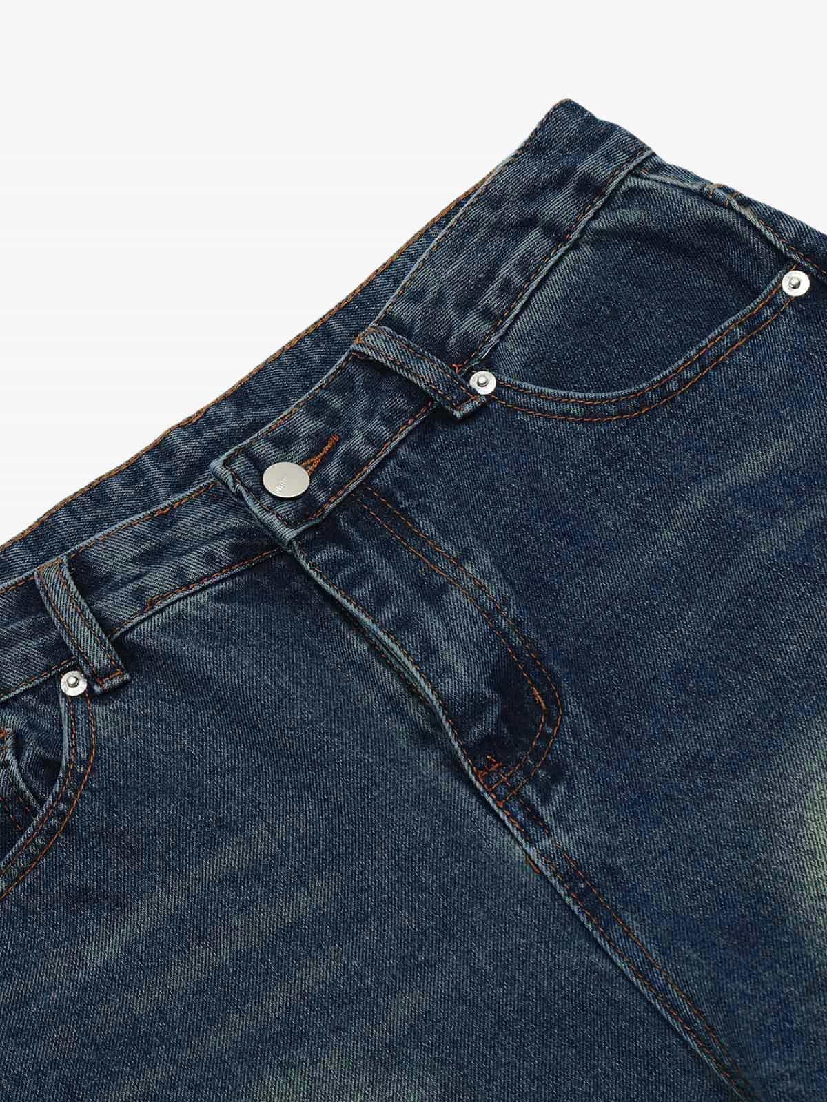 Washed Distressed Deconstructed Split Work Jeans