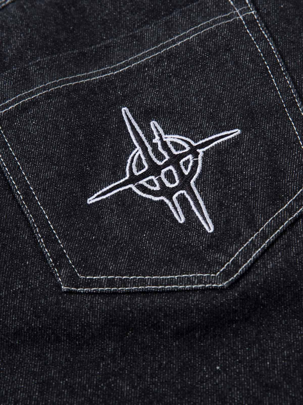 Denim Embroidered Flame Baggy Jeans - 2456