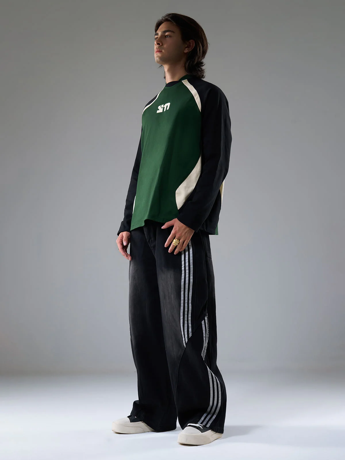 Denim Contrast Striped Stitching Barrel Jeans - 2504