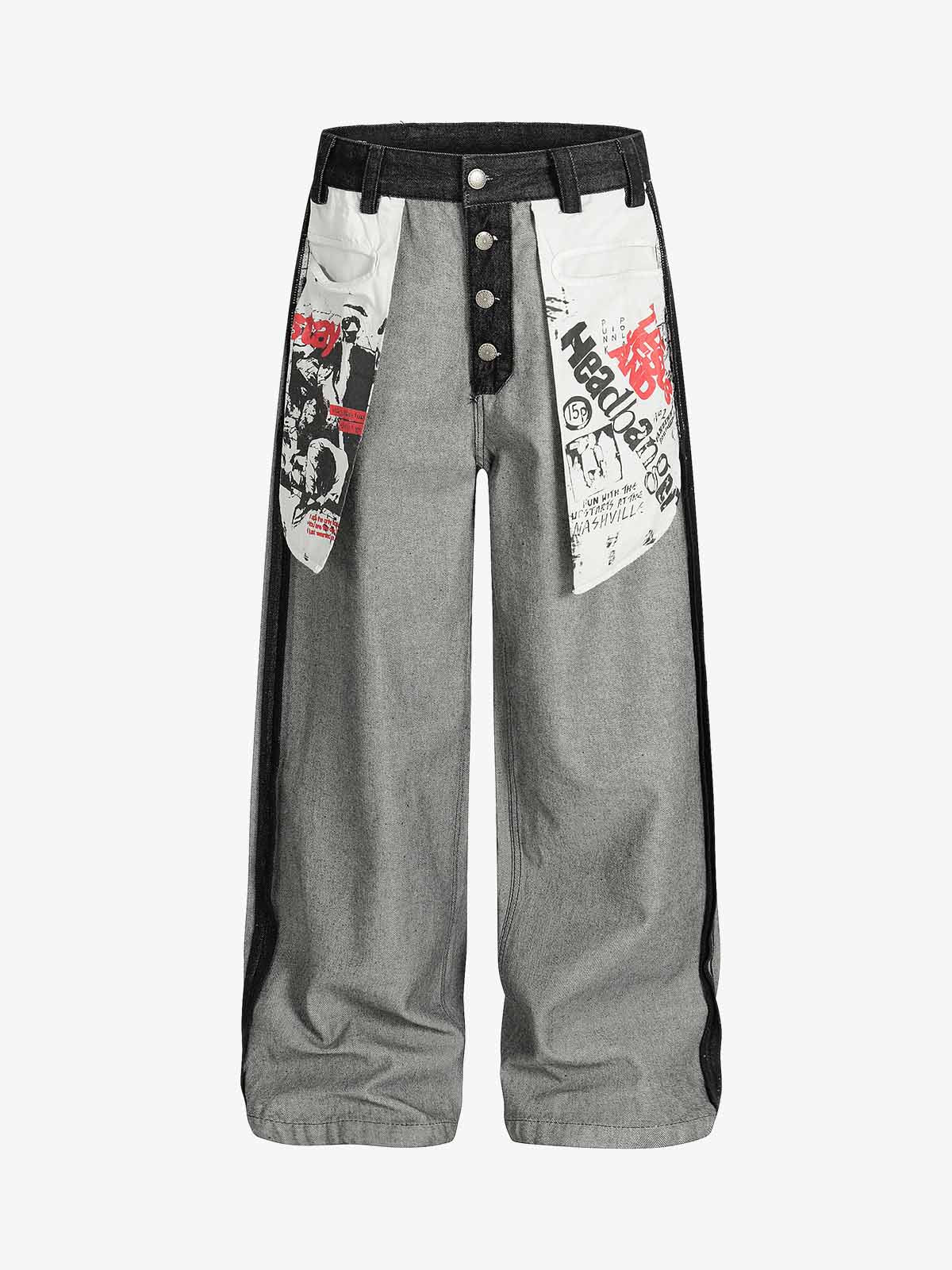 Distressed Reverse Design Large Pocket Printed Jeans