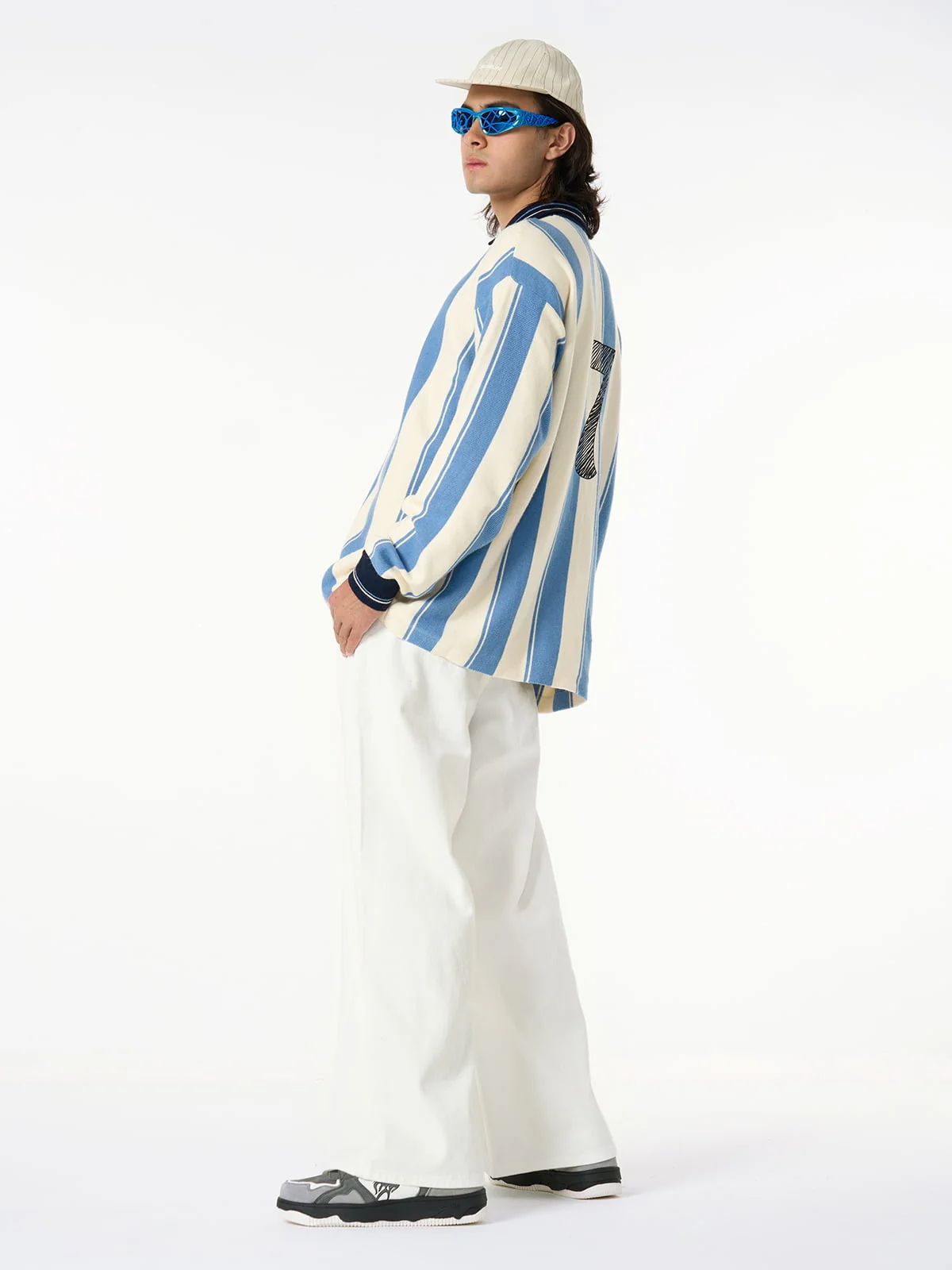 Retro Striped Polo Collar Sports Jersey Knit Sweater