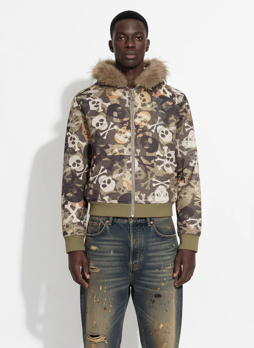 Skull Camouflage Fur Collar Hot Diamond Hooded Jacket - 2507