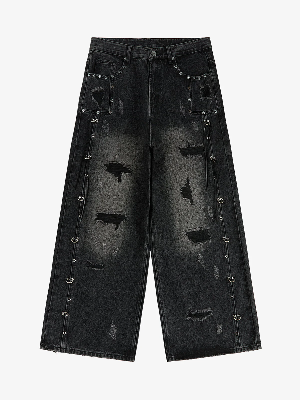Vintage Washed Distressed Metal Ring Baggy Jeans