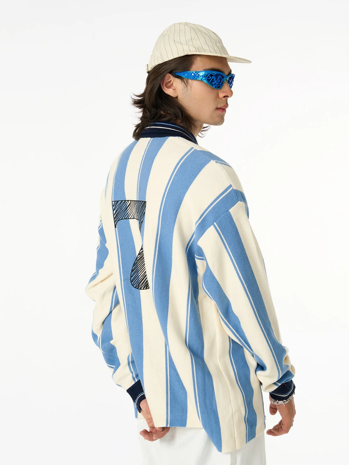 Retro Striped Polo Collar Sports Jersey Knit Sweater