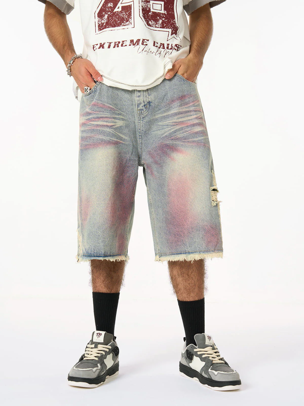 Distressed Tie-Dye Denim Jorts