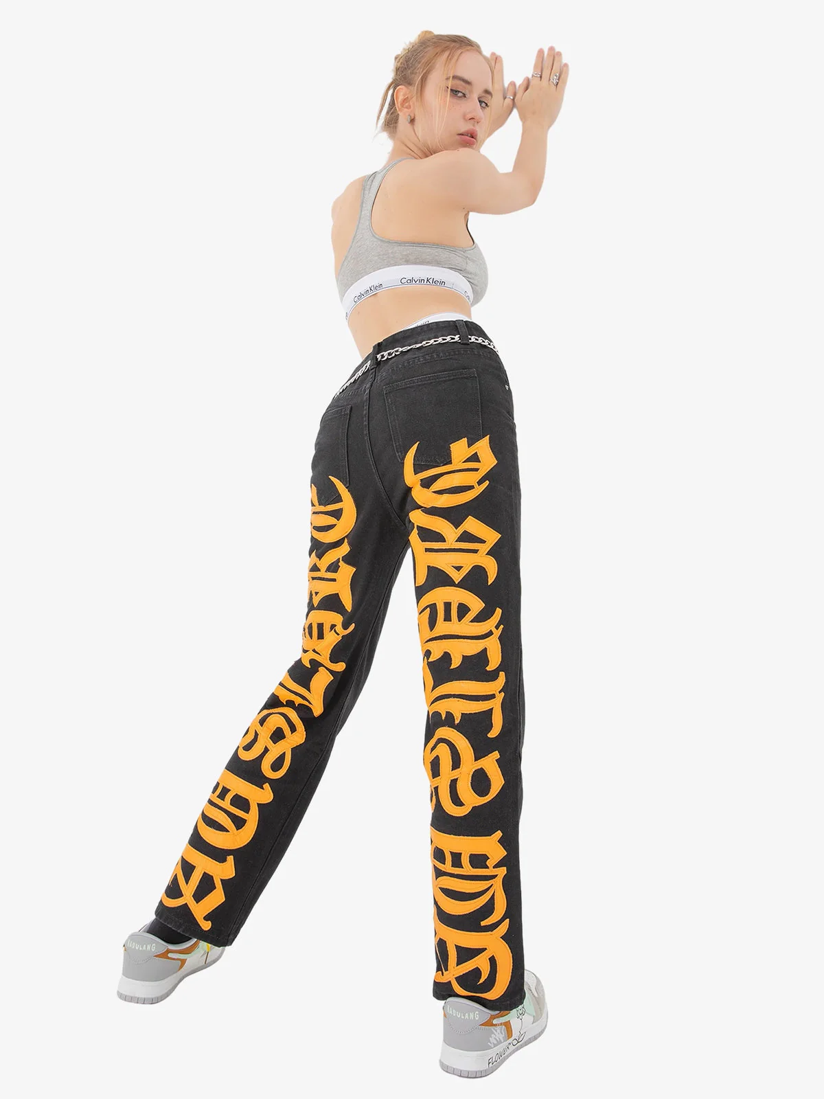 Thesupermade Burning Text Embroidered Letters Jeans -1478