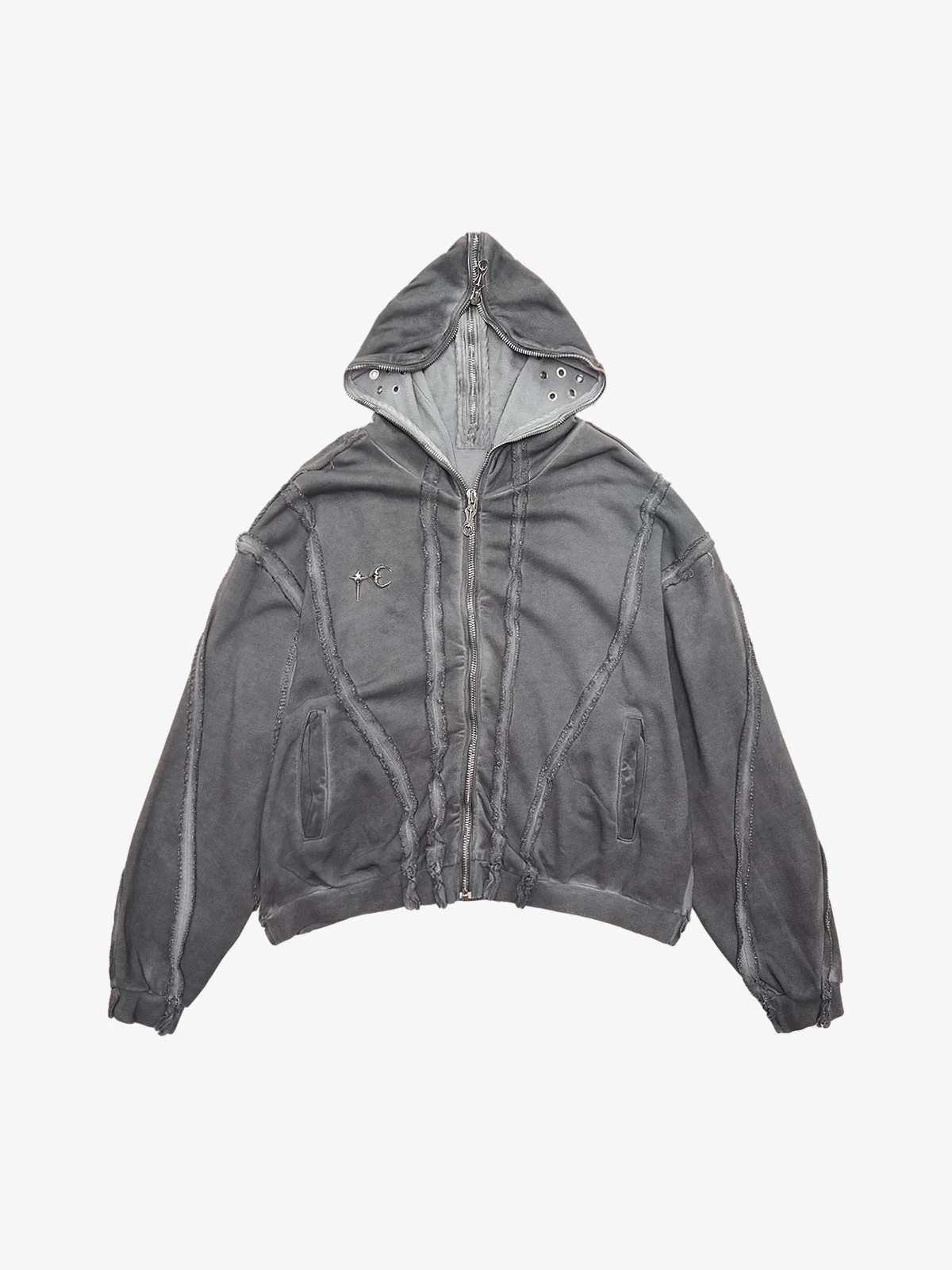 Thesupermade Heavy Washed Distressed Full Zip Hoodie - 2057