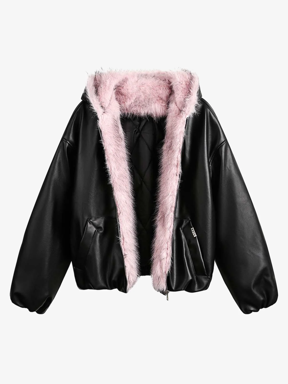 Leather Pink Fur Hooded Quilted Jacket - 2535