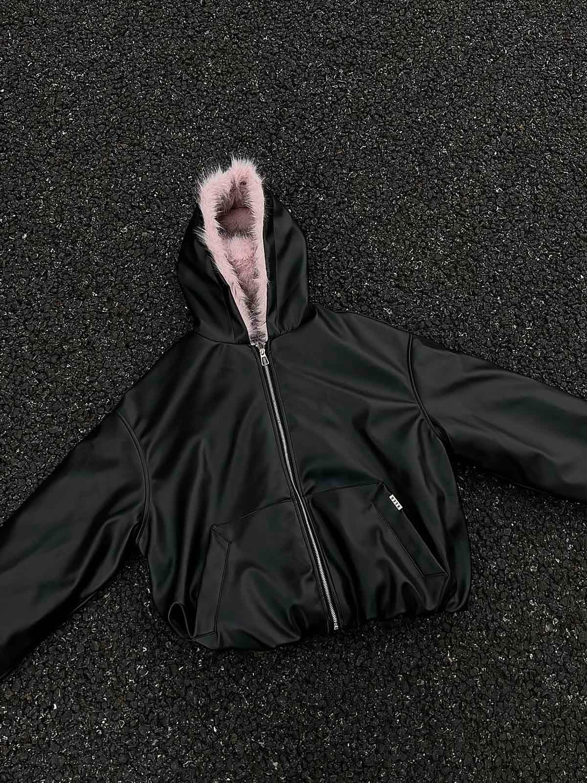 Leather Pink Fur Hooded Quilted Jacket - 2535