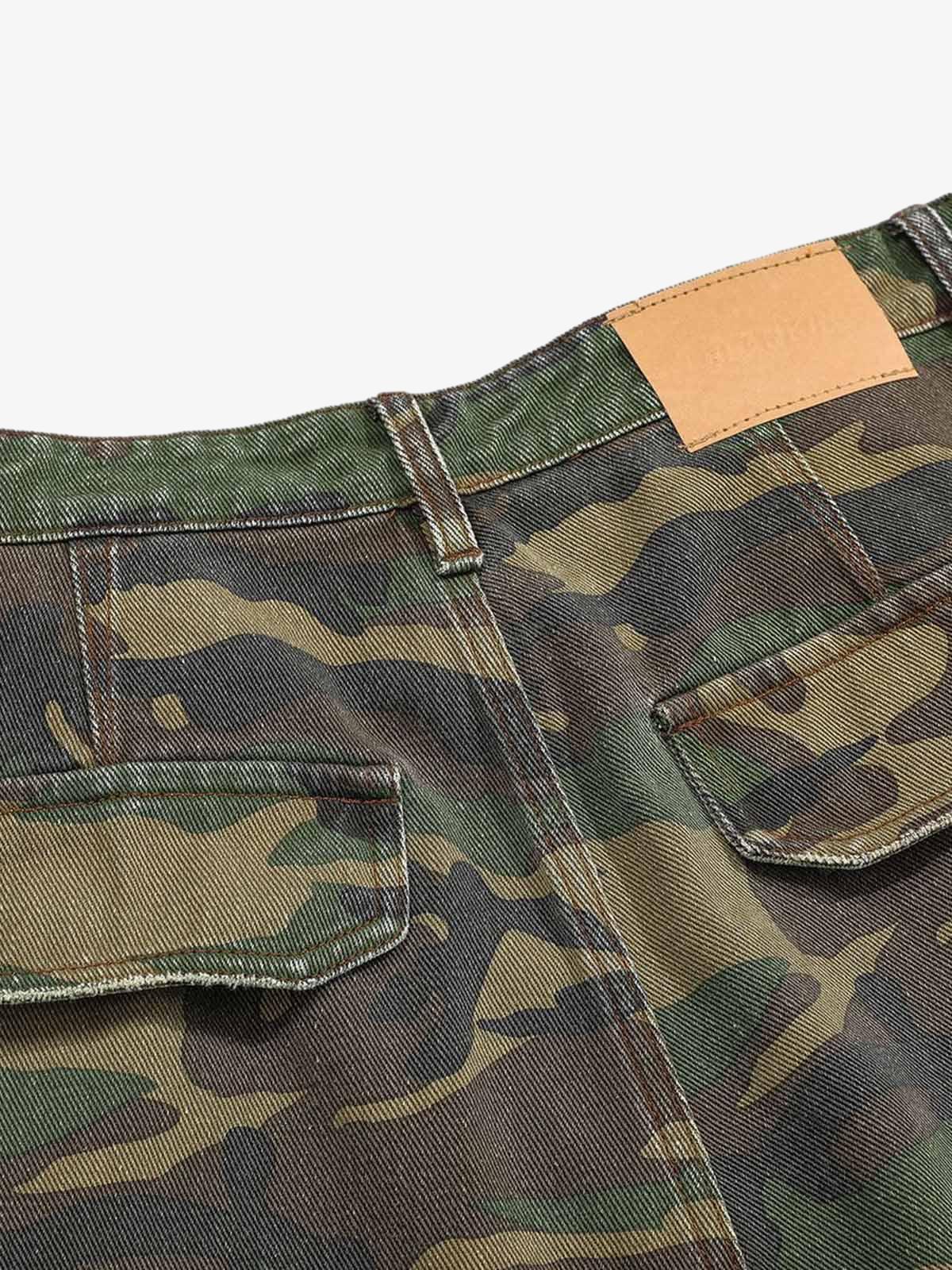 Woven Ripped Camouflage Flared Cargo Pants - 2410