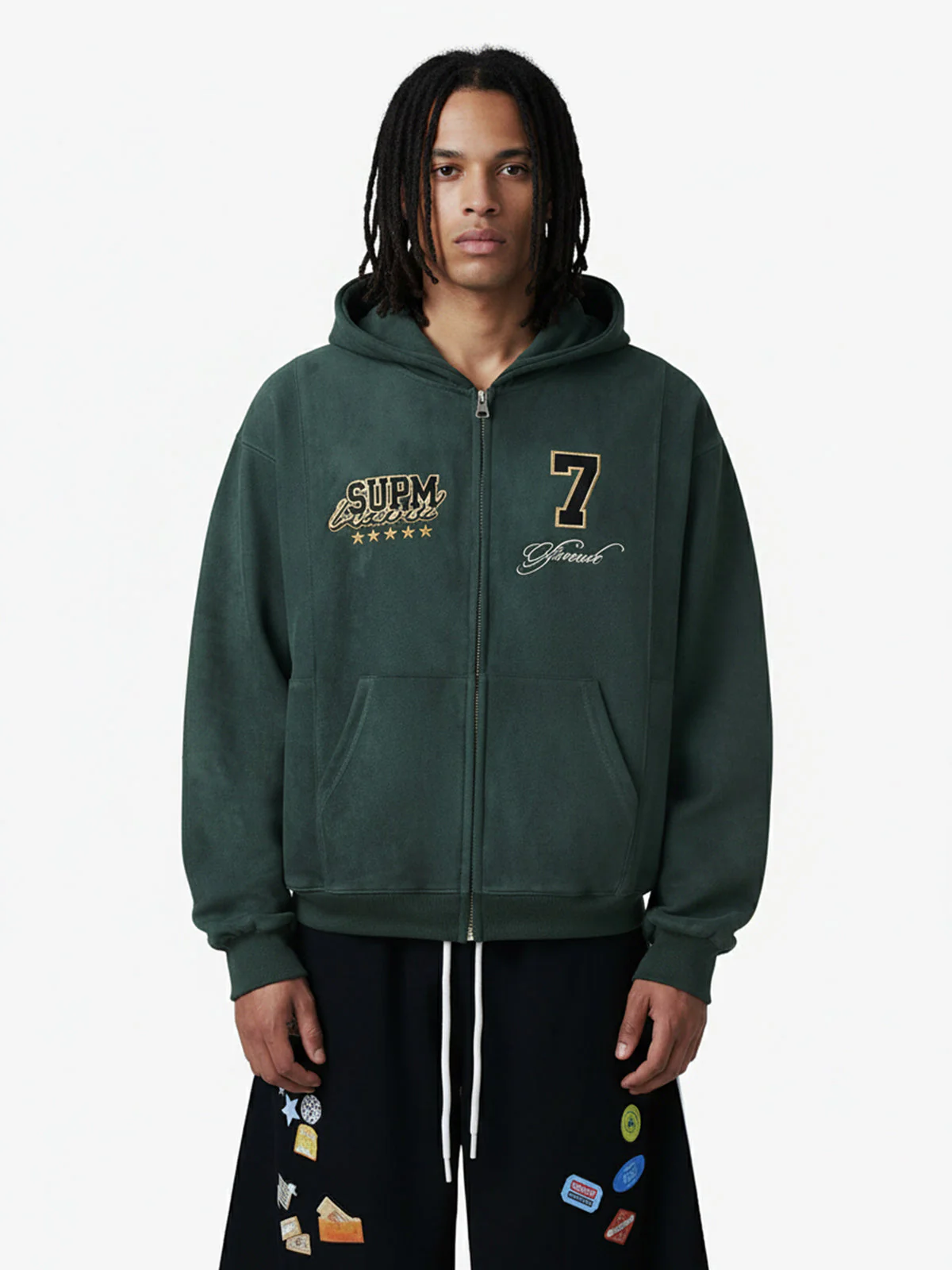 Suede Letter Embroidered Cropped Zip-Up Hoodie
