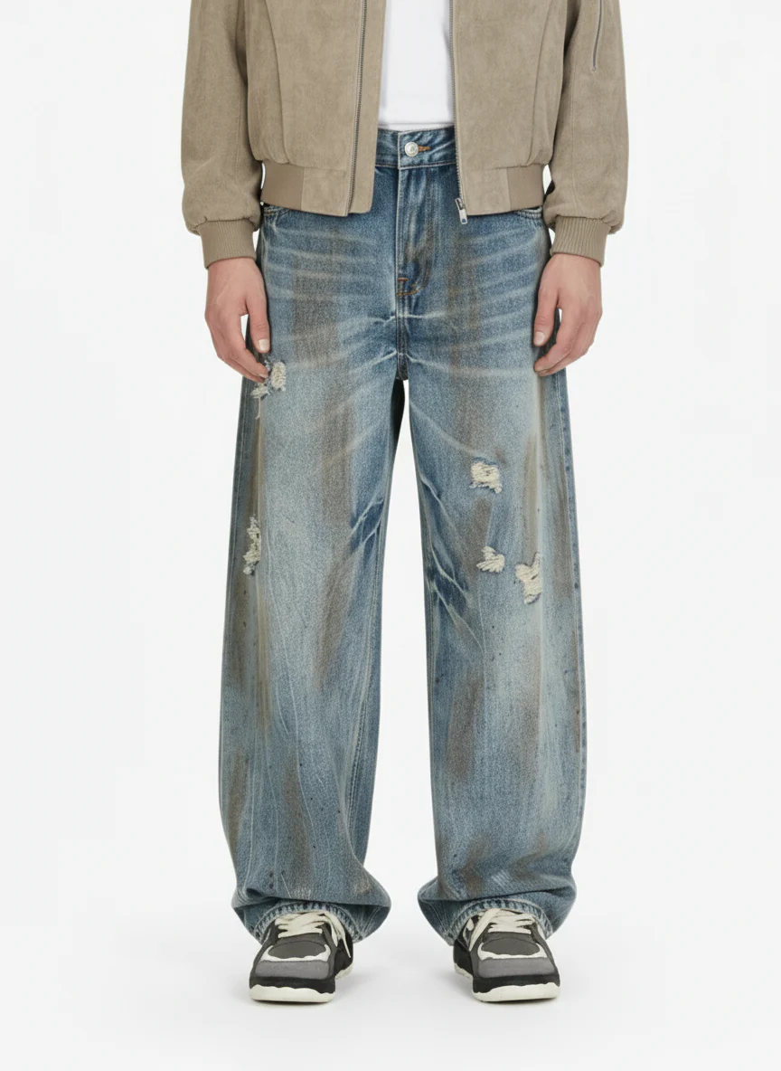 Washed Distressed Ripped Barrel Jeans - 2445