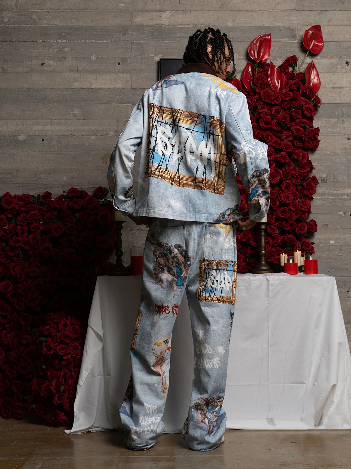 Artistic Patches Graphic  Distressed Denim Jacket