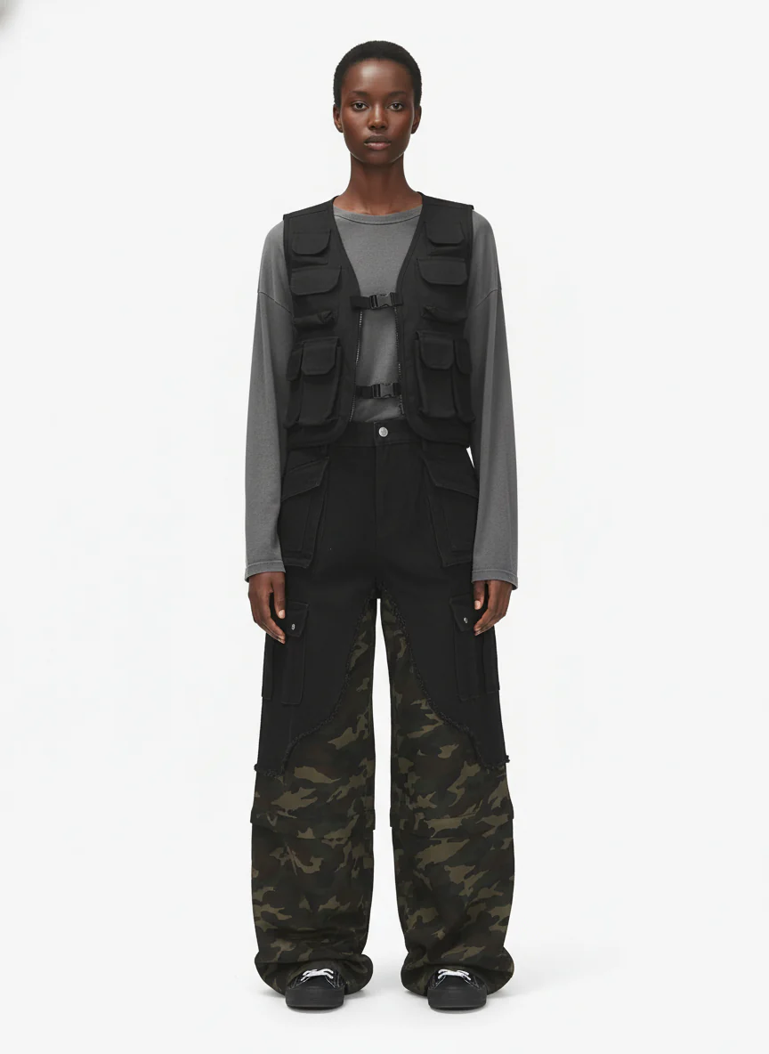 Retro Camouflage Faux Two-Piece Detachable Patchwork Pants