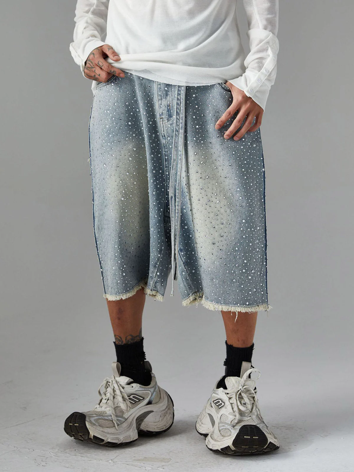 Distressed Rhinestone Denim Jorts - 2454