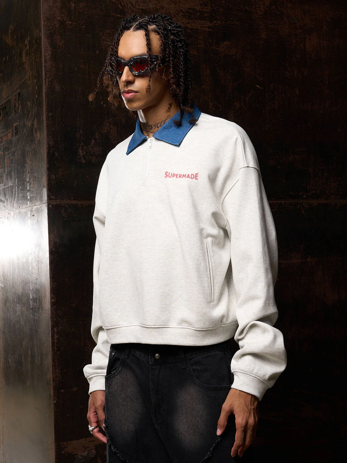 Original Denim Lapel Patchwork Sweatshirt