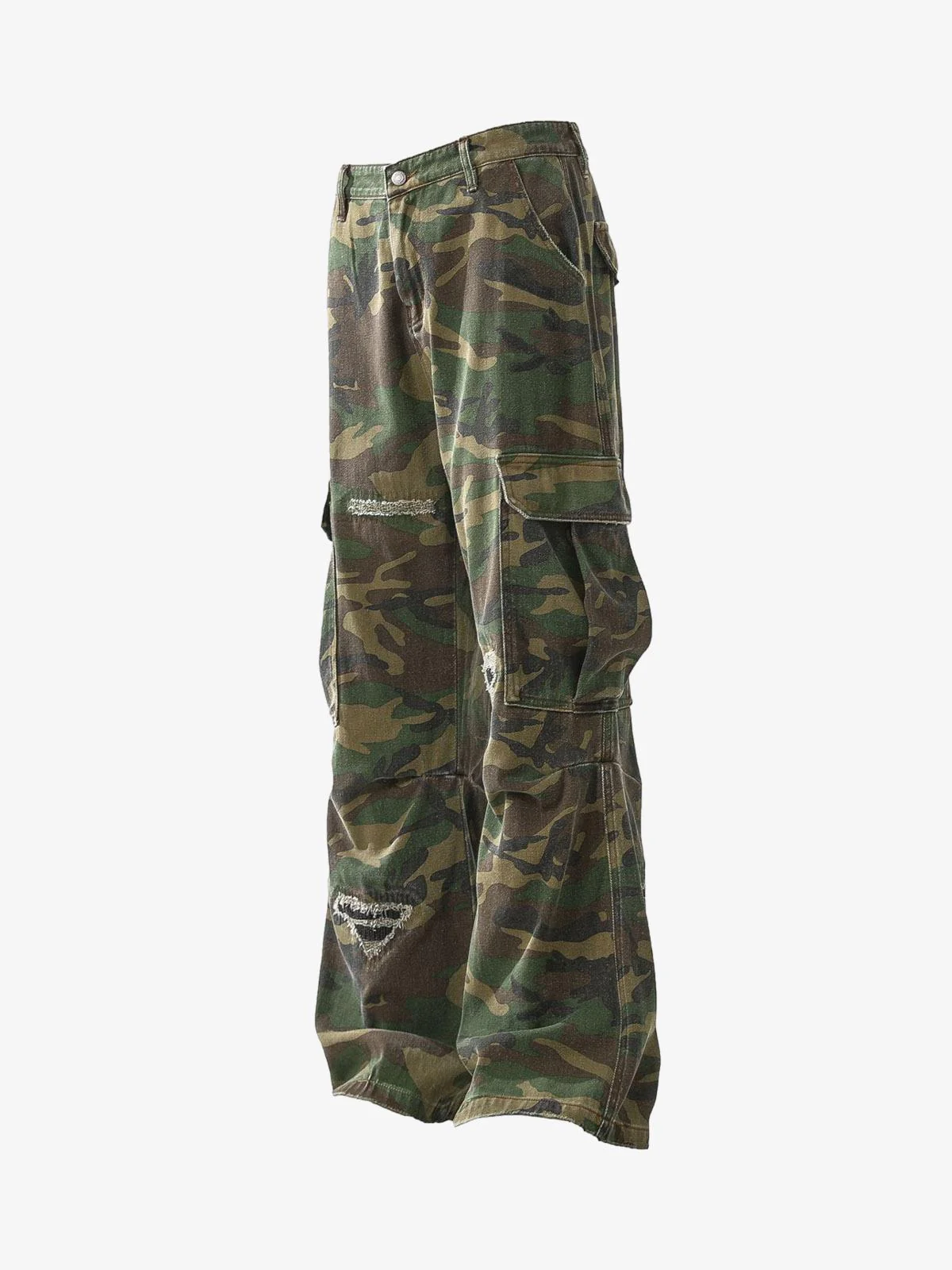 Woven Ripped Camouflage Flared Cargo Pants - 2410
