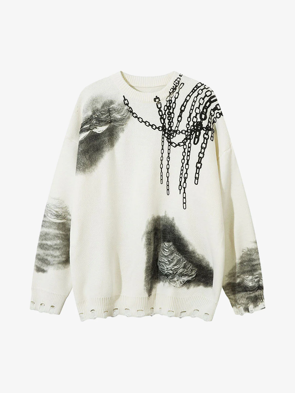 Chain Jacquard Spray-Painted Hole Round Neck Sweater
