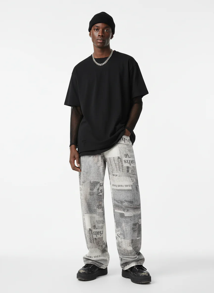 Graffiti Newspaper Baggy Jeans - 2404