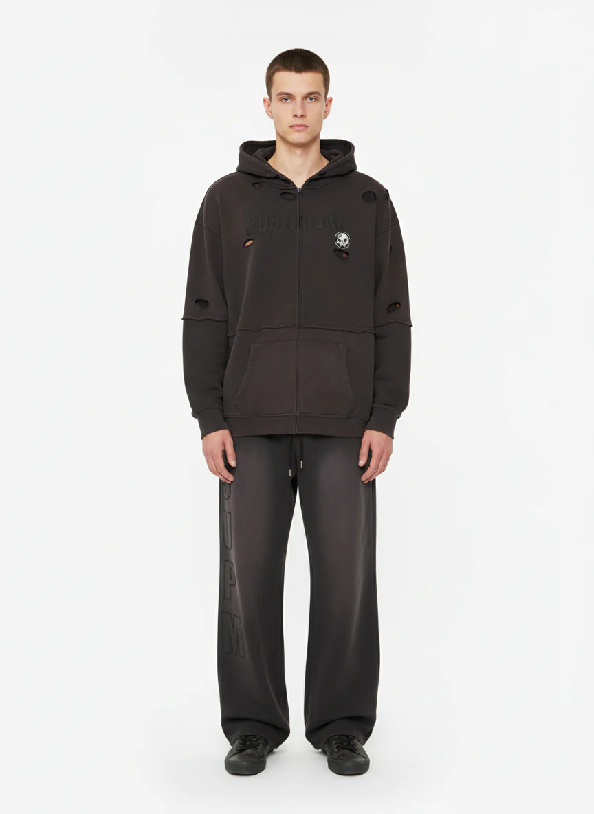 Original Washed & Ripped Skull Cardigan Cotton Hoodie Set