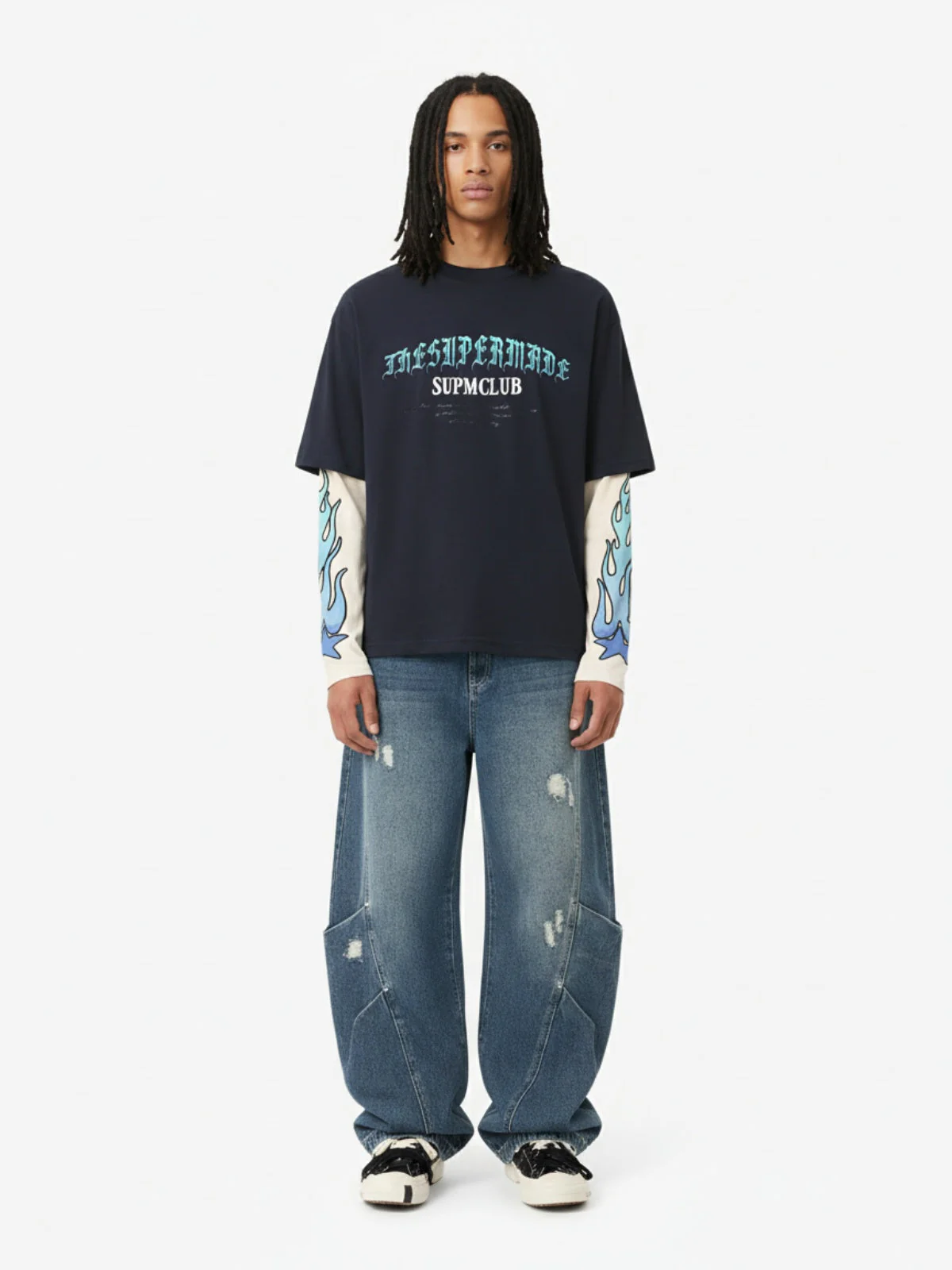 Gradient Letter Print Patchwork Faux Two-Piece Long-Sleeved T-Shirt