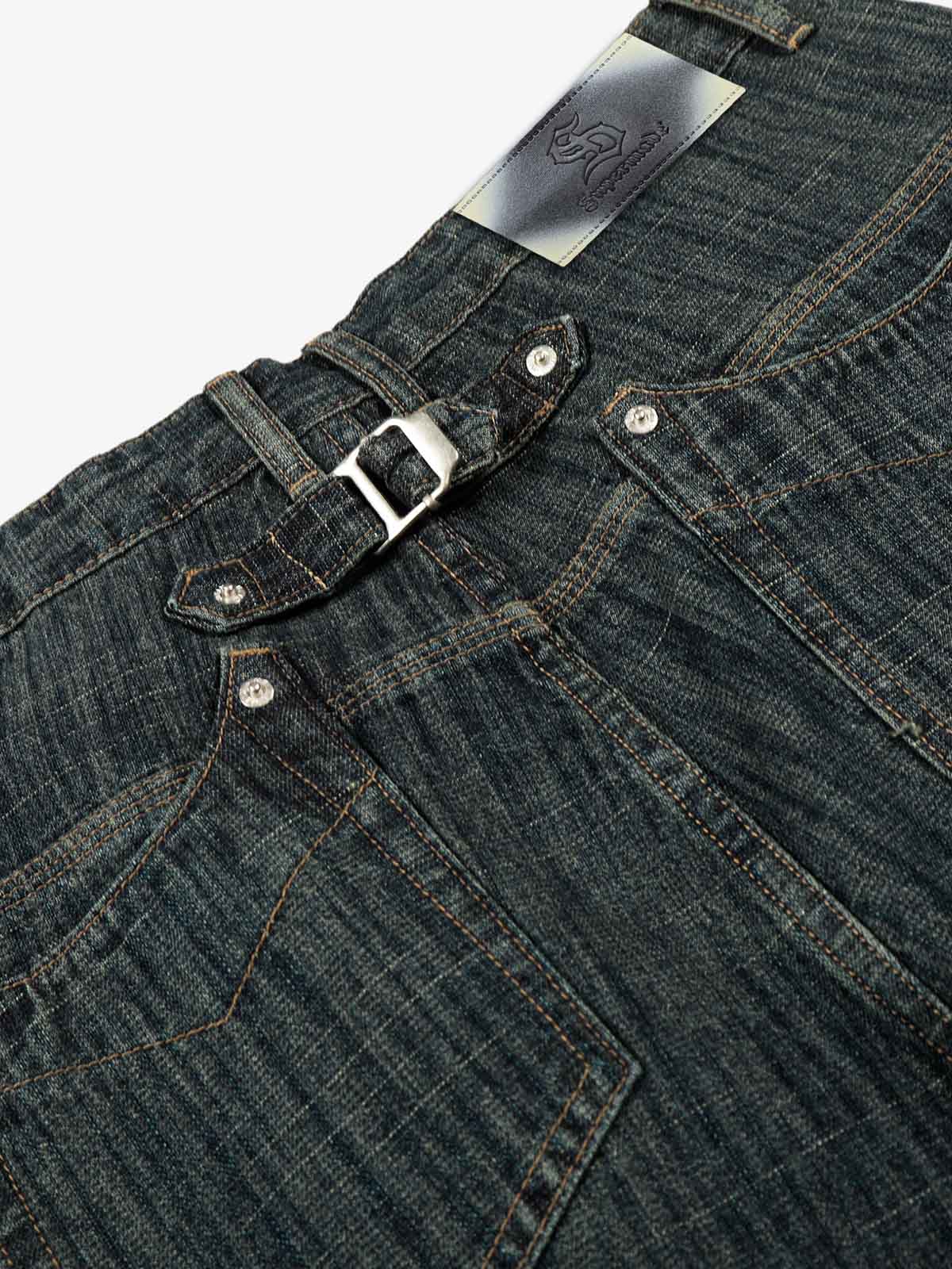 Street Metal Buckle Textured Straight Jeans