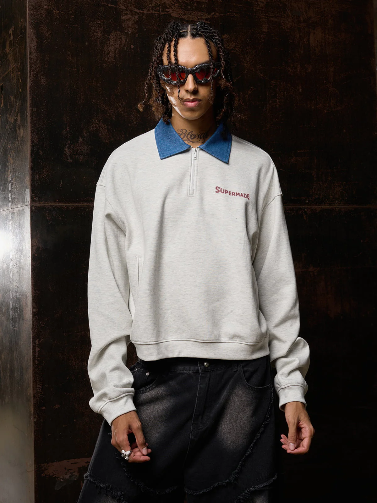 Original Denim Lapel Patchwork Sweatshirt