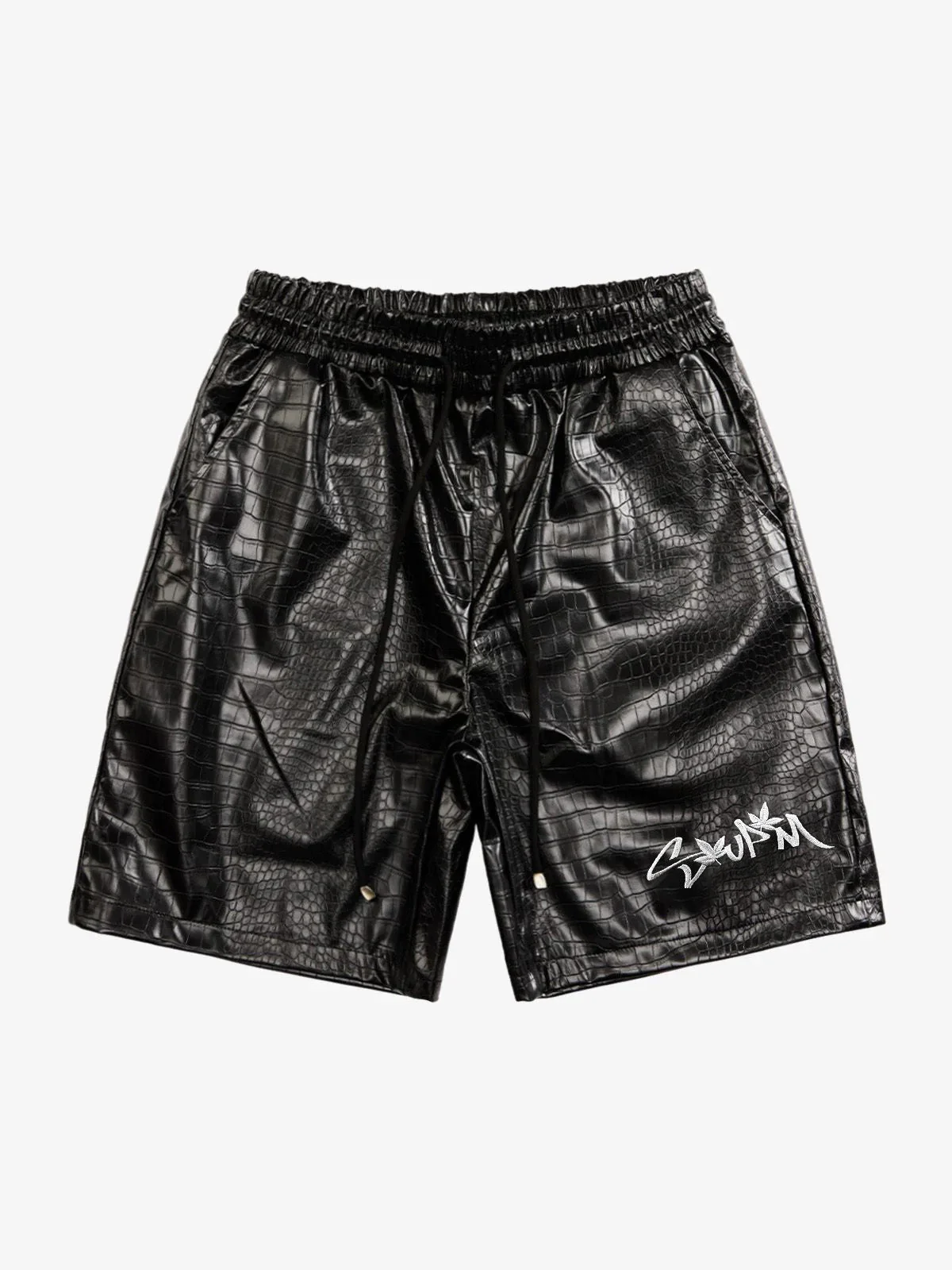 Letter Embroidered Leather Shorts