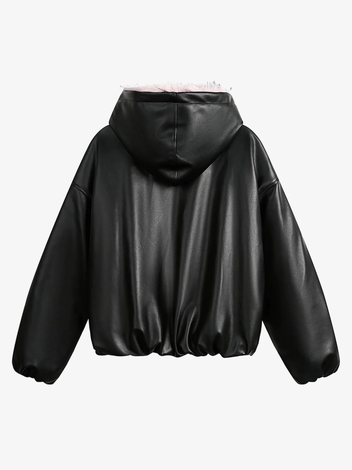 Leather Pink Fur Hooded Quilted Jacket - 2535