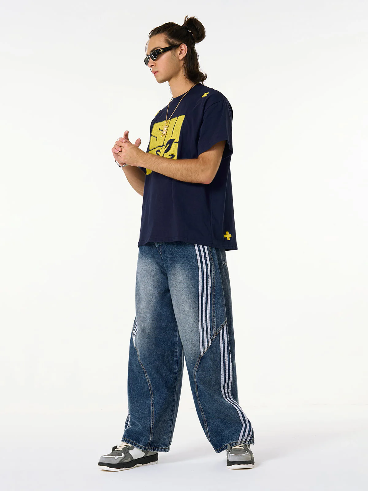 Denim Contrast Striped Stitching Barrel Jeans - 2504