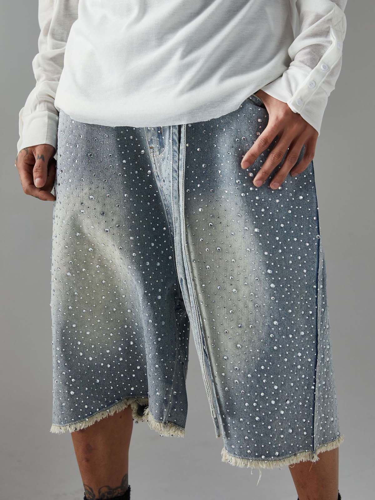 Distressed Rhinestone Denim Jorts - 2454
