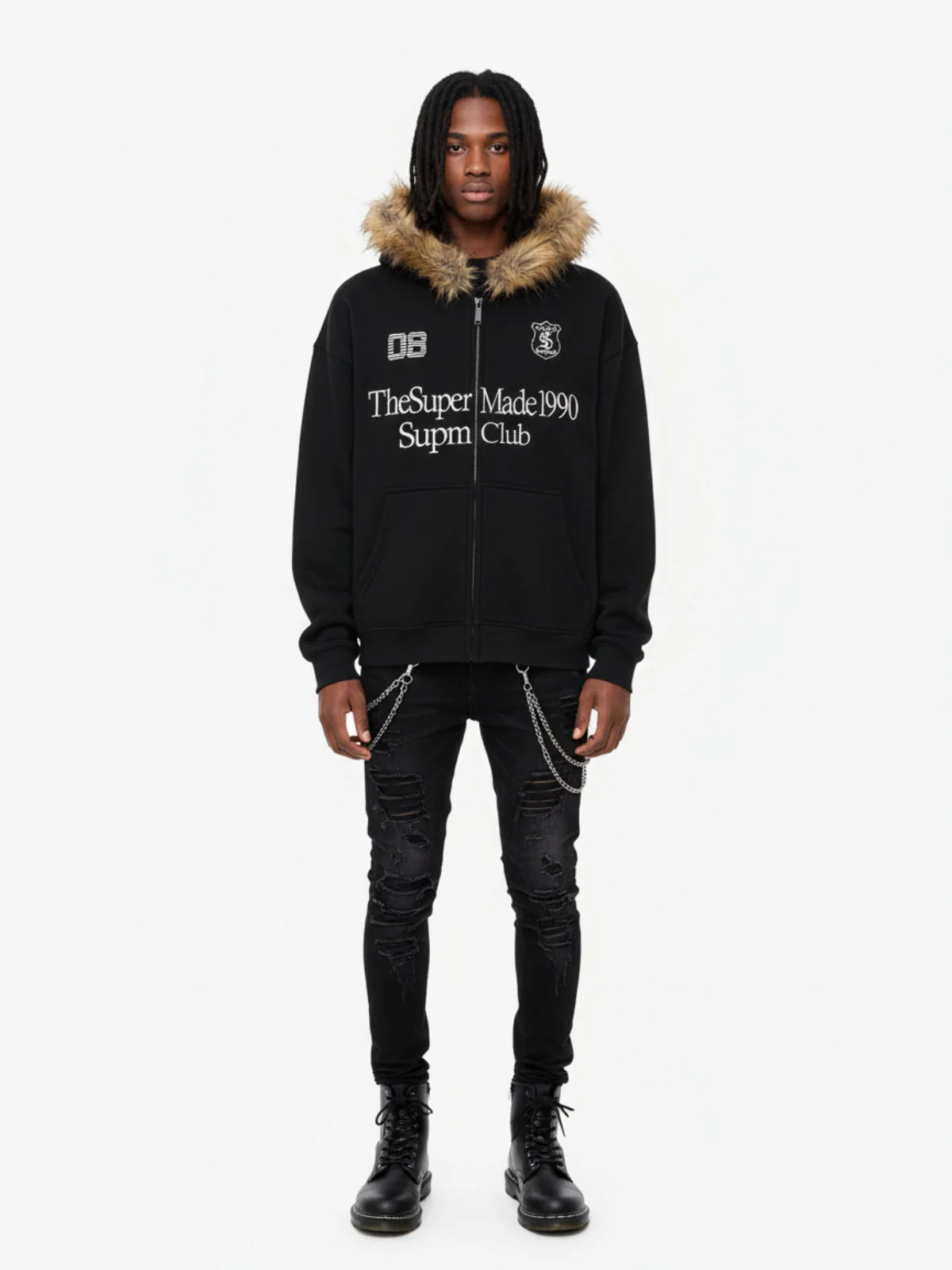 Letter Medal Embroidered Cardigan Fur Collar Zip Up Hoodie- 2502