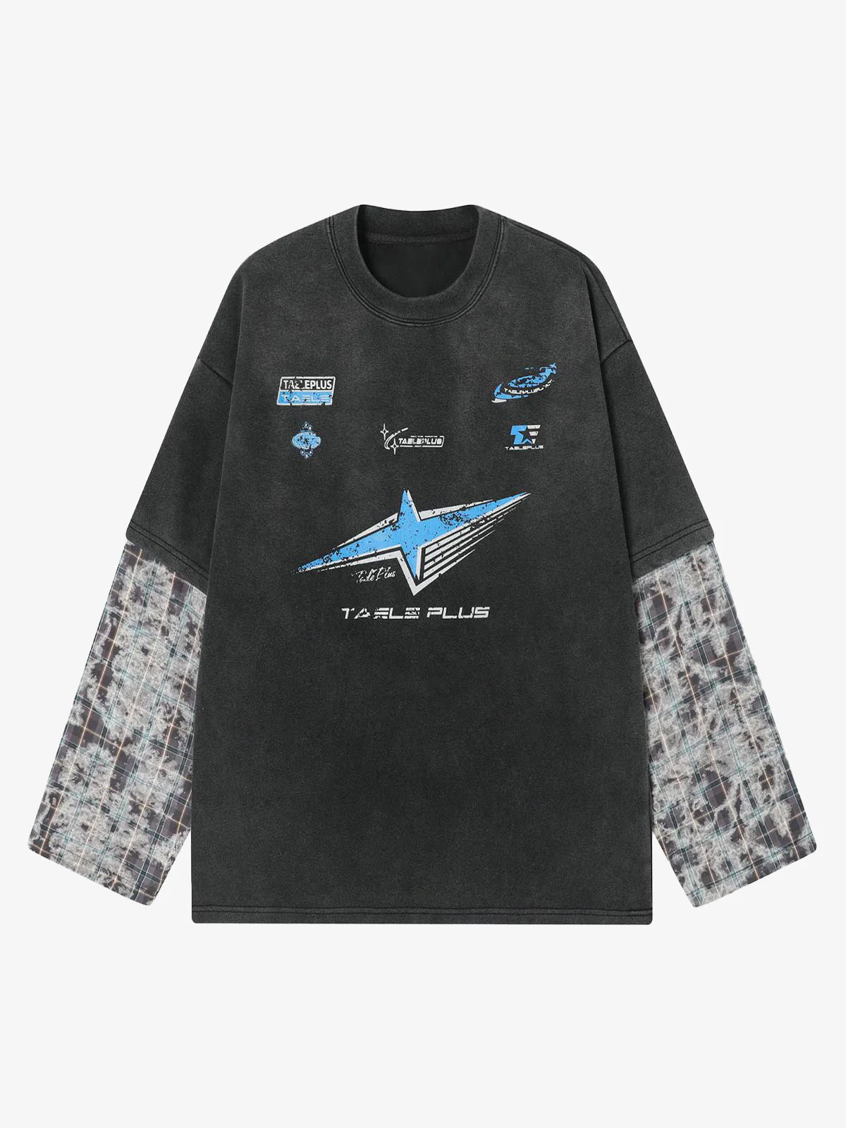 Washed Faux Two-Piece Racing Long Sleeve T-shirt - 2543