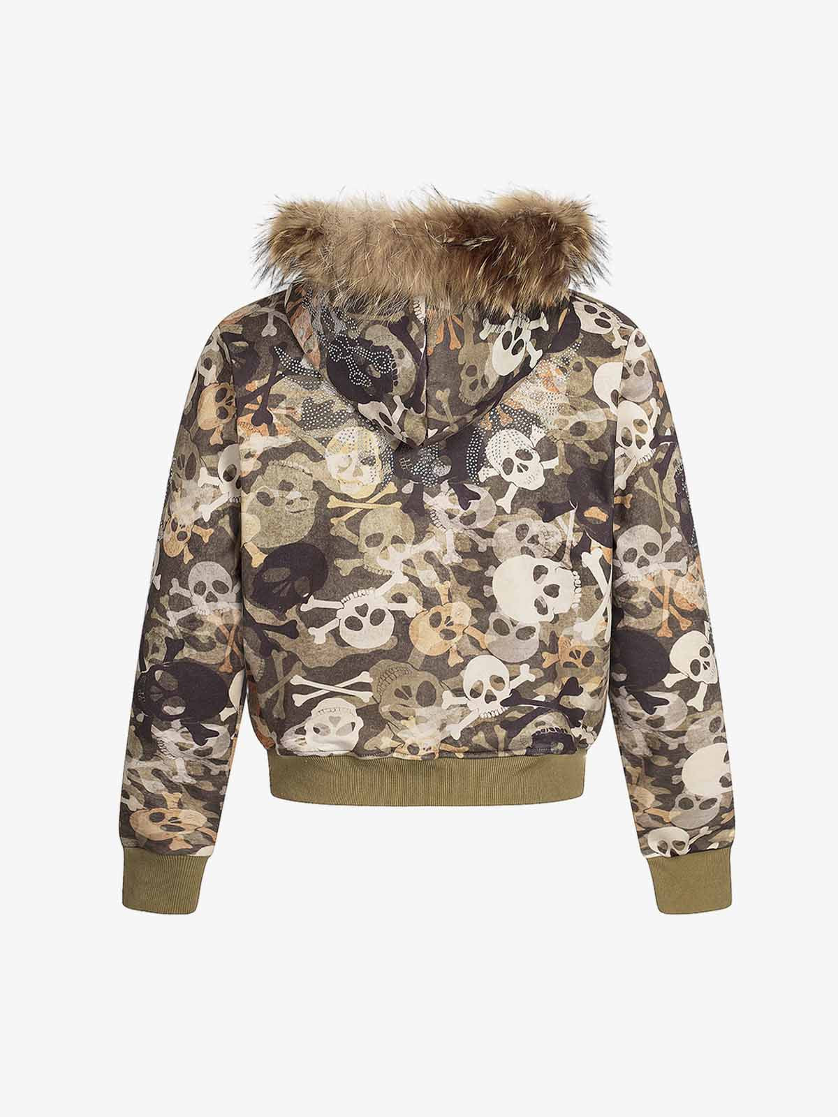 Skull Camouflage Fur Collar Hot Diamond Hooded Jacket - 2507