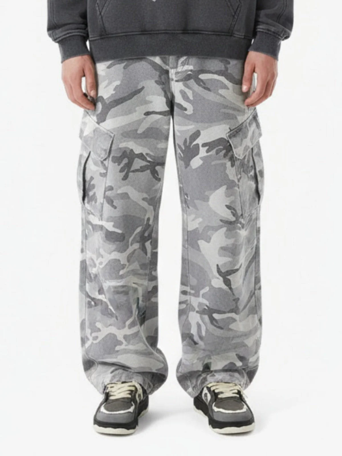 Snow Camouflage Machete Wide-Leg Cargo Barrel Pants - 2548