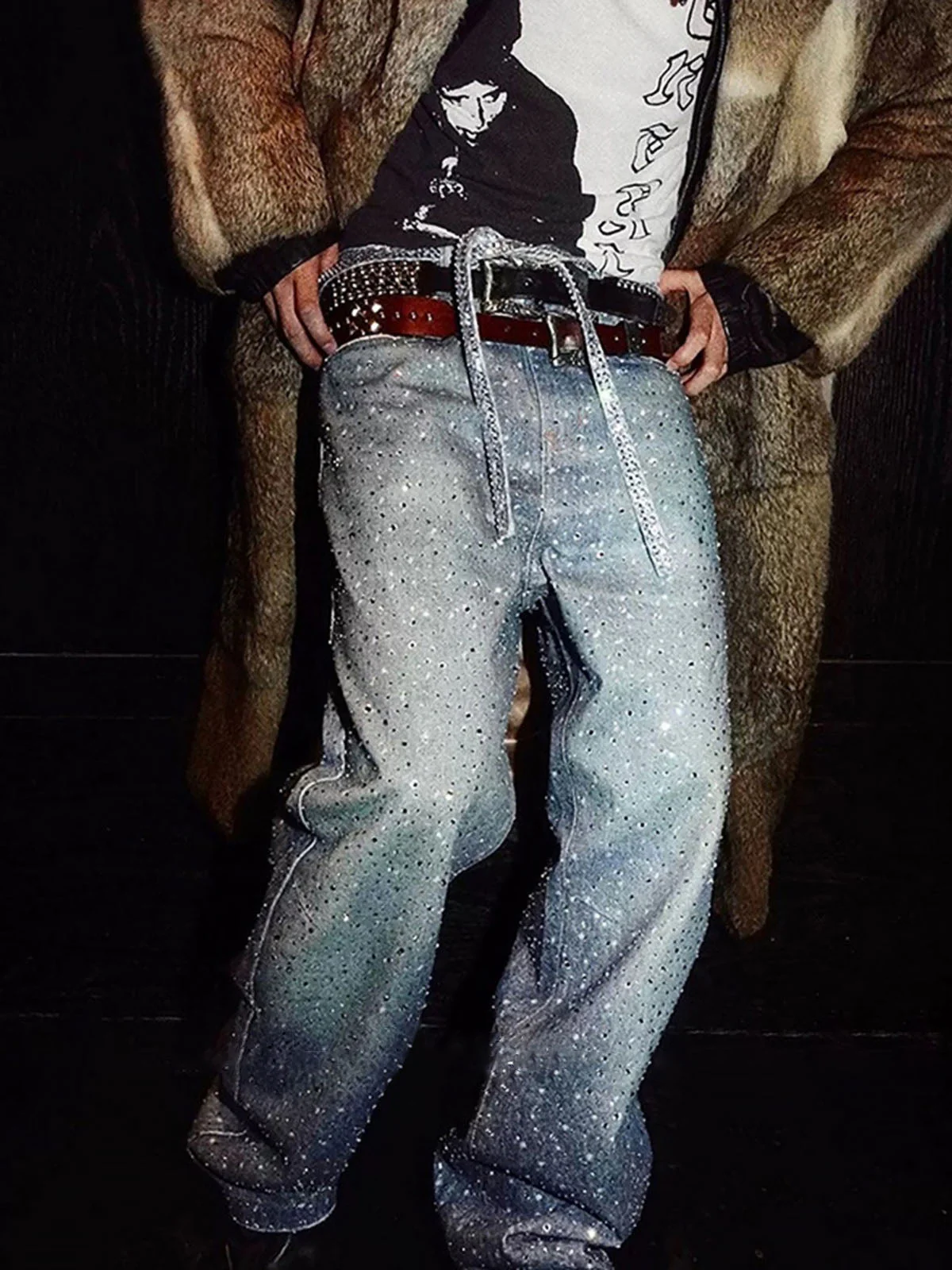 Denim Distressed Belt Diamond Decorated Jeans