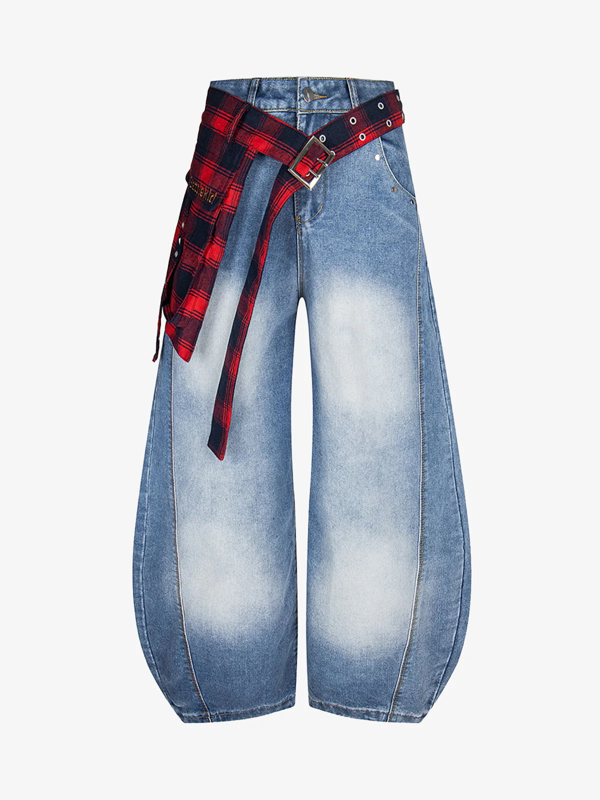 Washed Plaid Belt Barrel Jeans