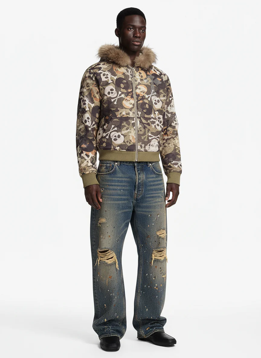 Skull Camouflage Fur Collar Hot Diamond Hooded Jacket - 2507