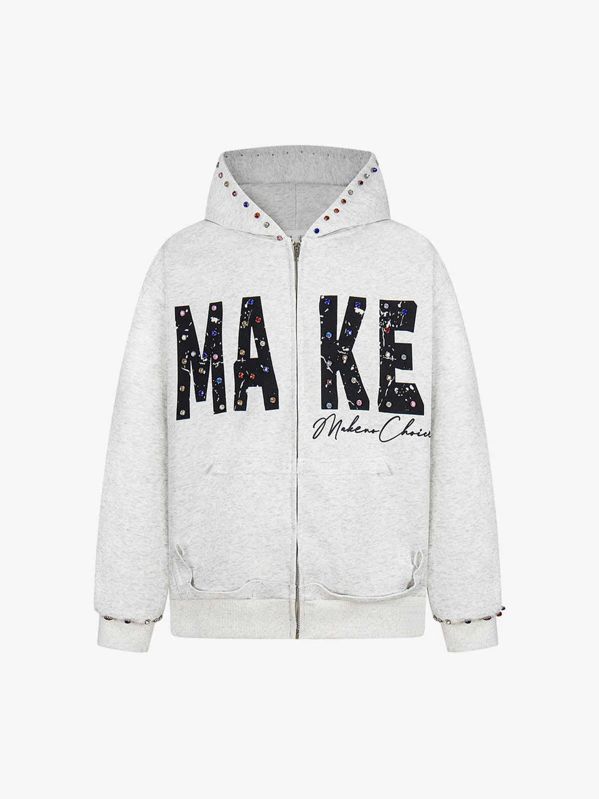 Retro Diamond Beaded Letter Zip Up Hoodie